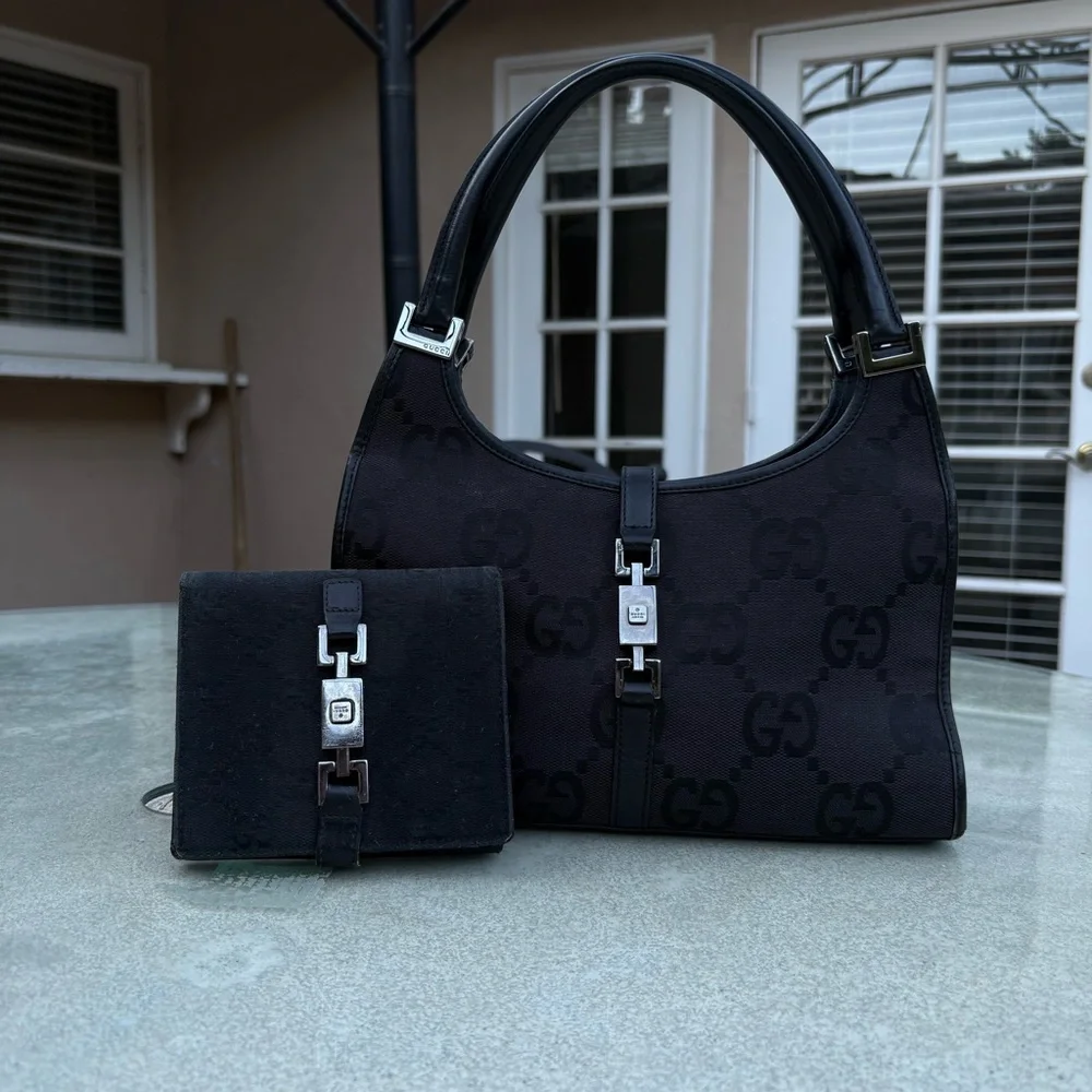 GUCCI Jackie 1961 GG Monogram Canvas Leather Black Women's Bag & Wallet Set - Picture 2 of 7